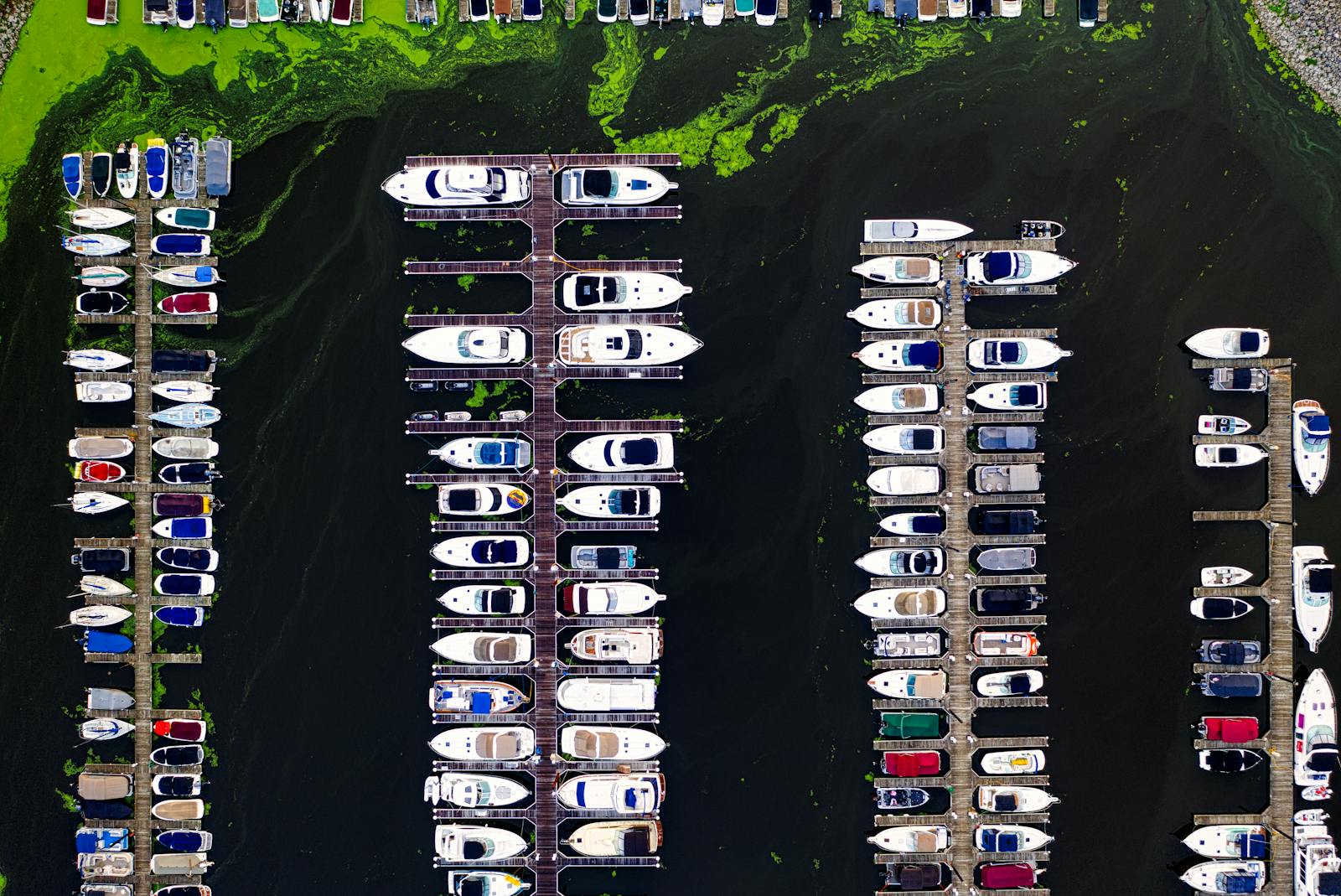 Top-down view of numerous boats docked at Lake City Marina, showcasing vibrant colors and patterns.